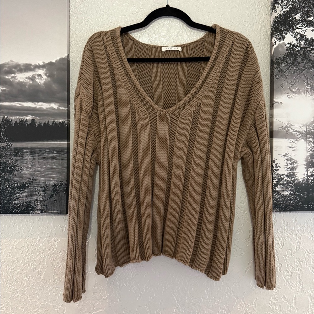 Neuflora Women's V-Neck Ribbed Sweater - Brown size large - 100% cotton